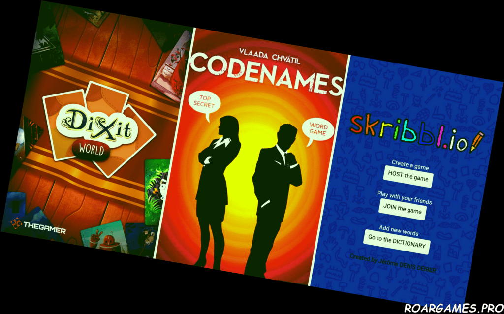 Impresionantes juegos de fiesta de navegador web gratuitos para probar 5 10 Awesome Free Web Browser Party Games To Try Feature Image Dixit logo on left Codenames in centre skribblio on right