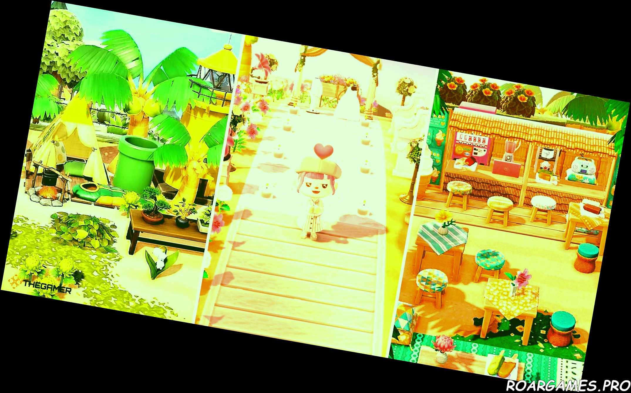 Animal Crossing New Horizons beach decorations camp on left wedding in centre cafe on right 1