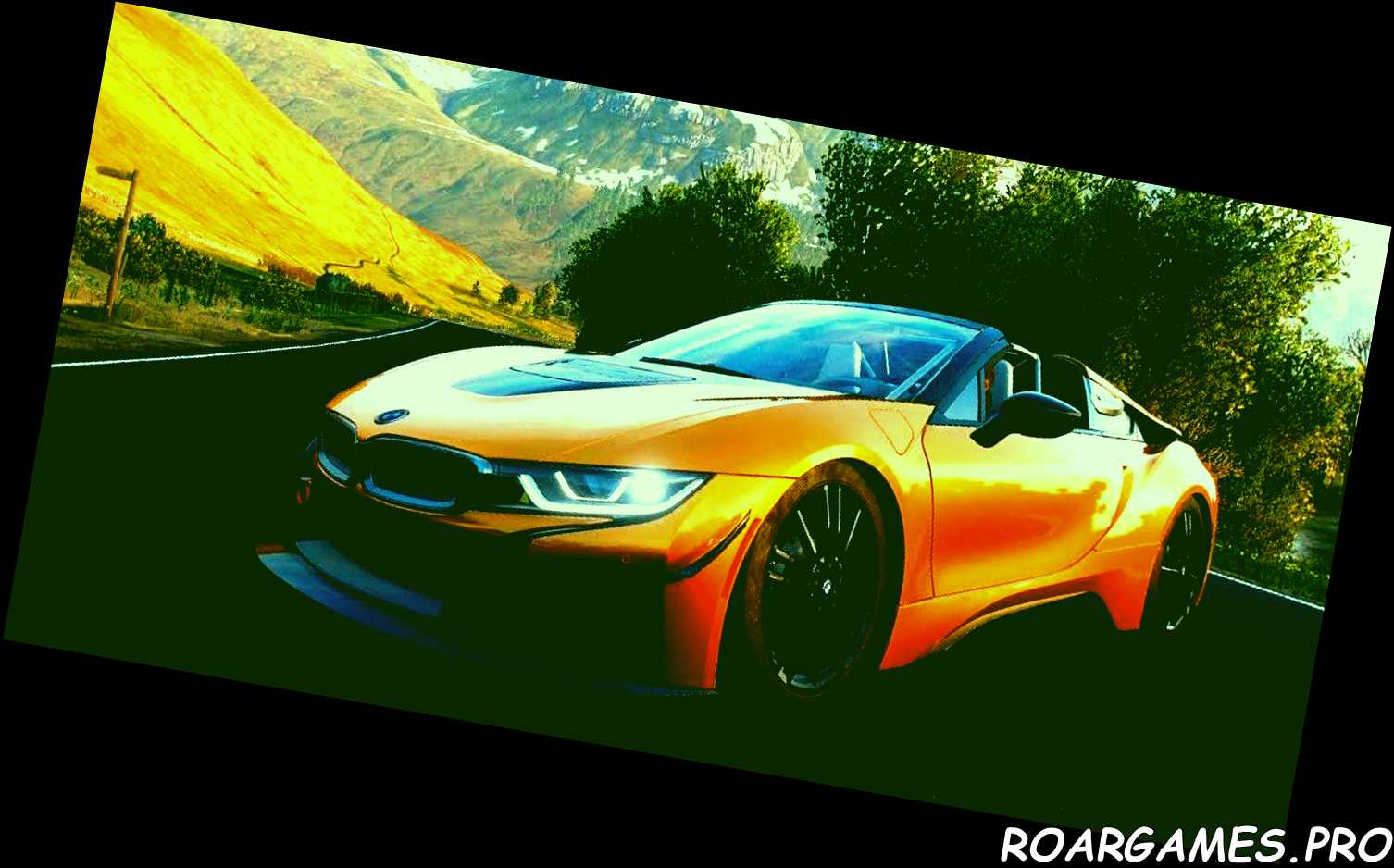 Forza Horizon 4 2018 BMW i8 Roadster girando en un camino montañoso