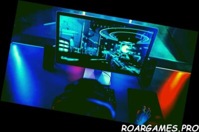 Disparo de alto ángulo del jugador profesional que juega en el juego de disparos en primera persona