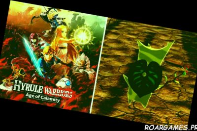 Legend of Zelda Hyrule Warriors Age of Calamity Split image of title card on left and Korok on right