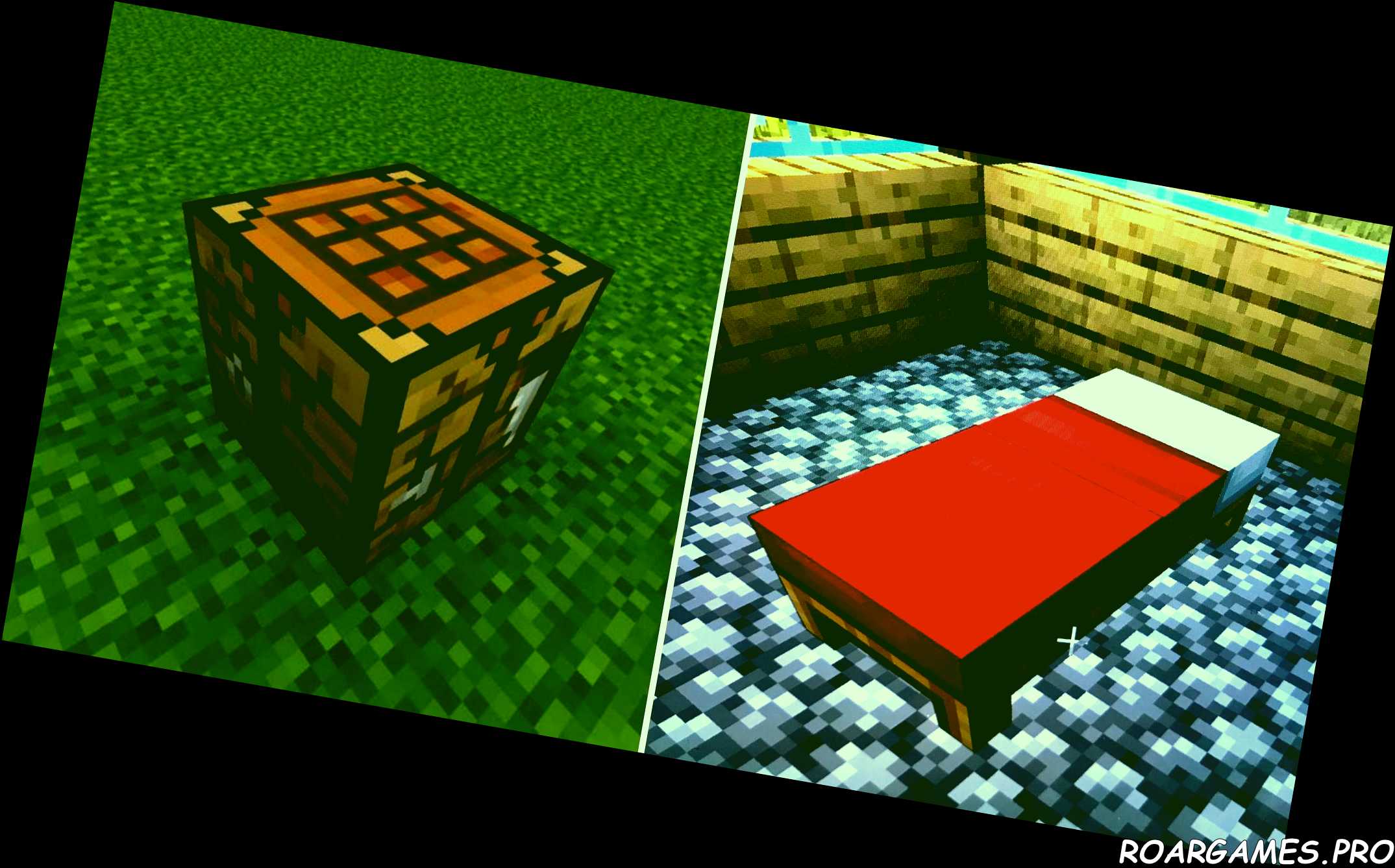 Minecraft Crafting bench left Bed right