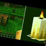 Minecraft split image crafting table on left candle on right