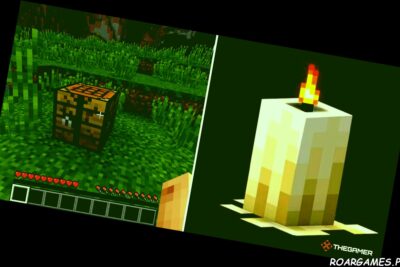 Minecraft split image crafting table on left candle on right