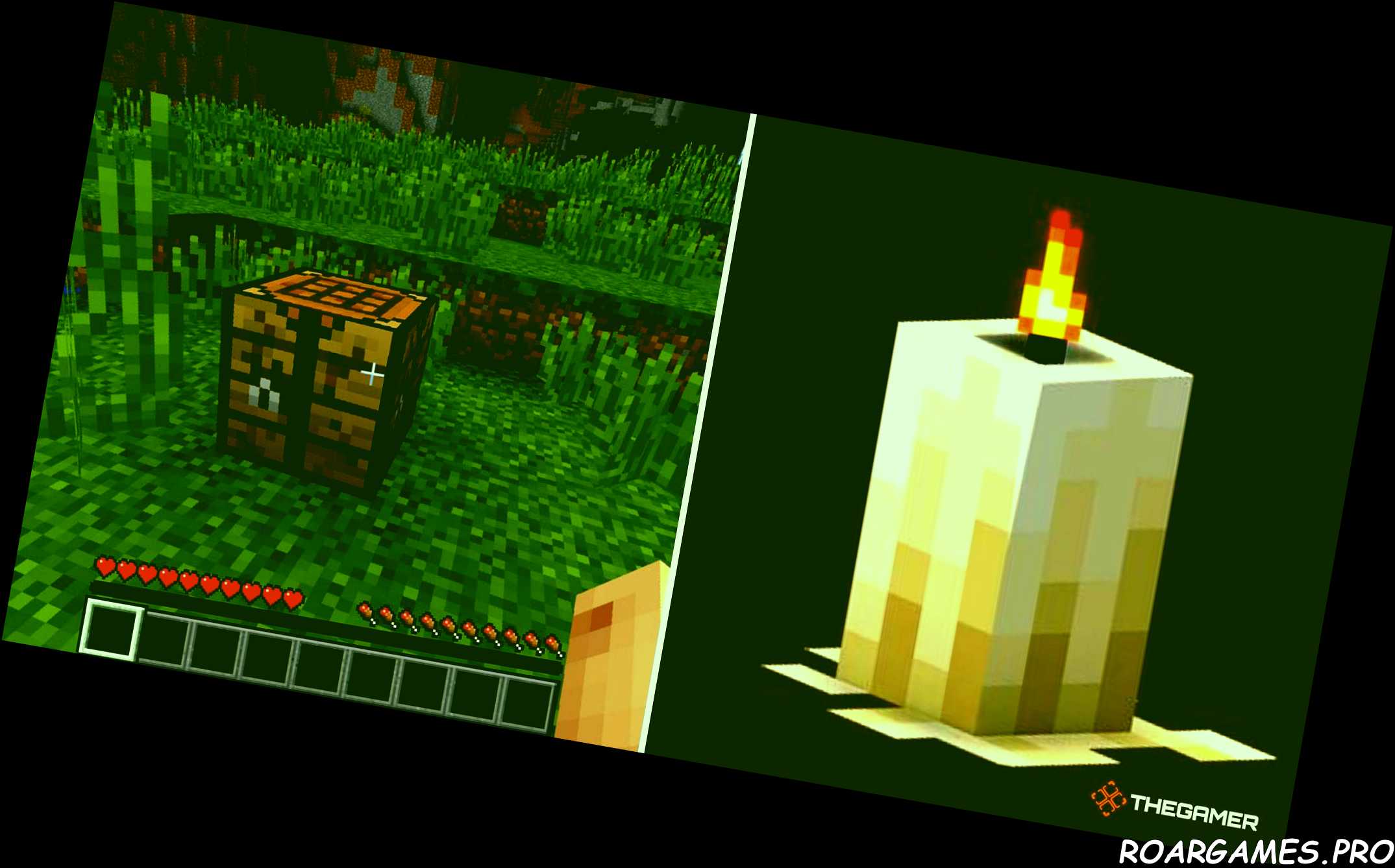 Minecraft split image crafting table on left candle on right