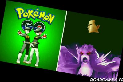 Pokemon GO Split Image Giovanni on right Pokemon GO logo and Shadow Grunts on left