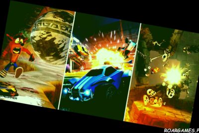 Promo action scenes from video games left to right Crash Bandicoot N Sane Trilogy Rocket League Rayman Legends