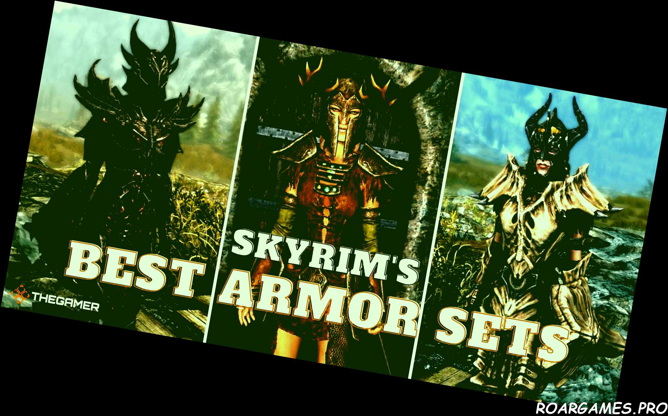 Skyrim 10 Best Armor Sets How To Find Them Split Image of Three players wearing armor sets Dragonplate right Ahzidals centre Daedric left