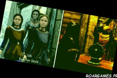 Skyrim Split image of wife and two daughters on left and of the player getting married in the temple of Mara on right