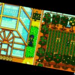 Split image of Stardew Valley player outside the Greenhouse on the left player inside a full greenhouse on the right