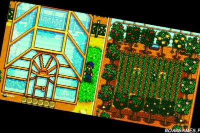 Split image of Stardew Valley player outside the Greenhouse on the left player inside a full greenhouse on the right