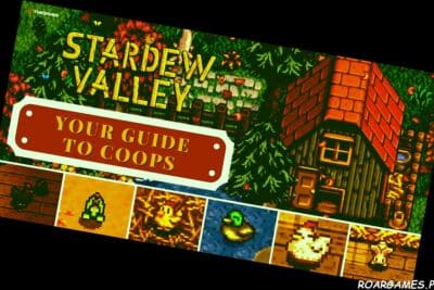 Stardew Valley Coops Title Image pictures of a coop stardew valley logo and all coop animals