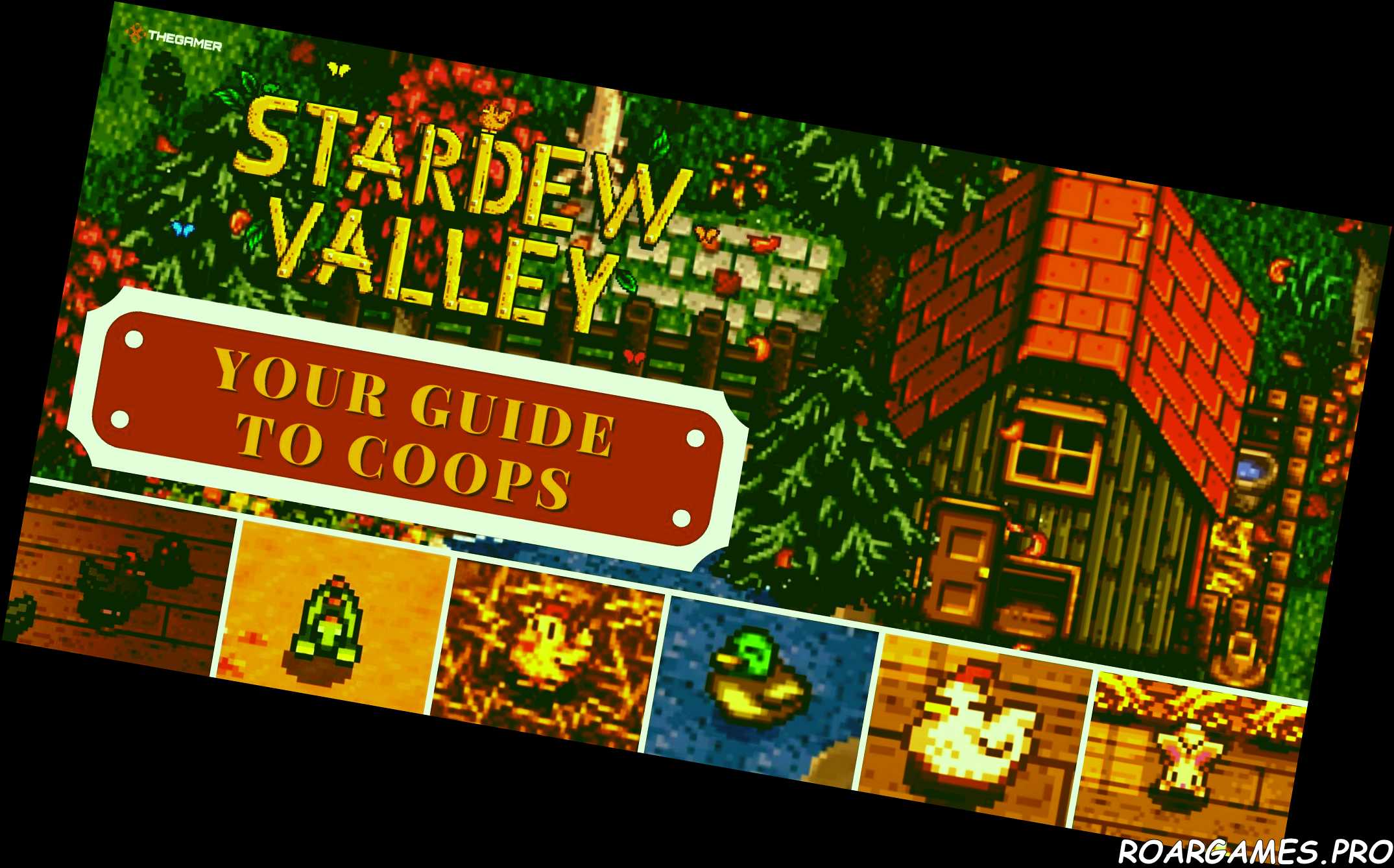 Stardew Valley Coops Title Image pictures of a coop stardew valley logo and all coop animals