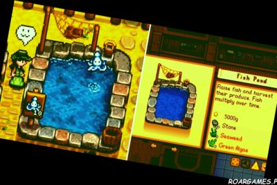 Stardew Valley Fish Ponds split image squid pond on left robins shop on right