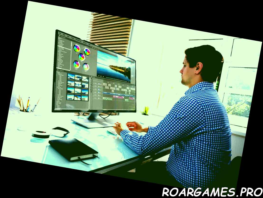 Joven editor masculino editando video en la computadora en el lugar de trabajo